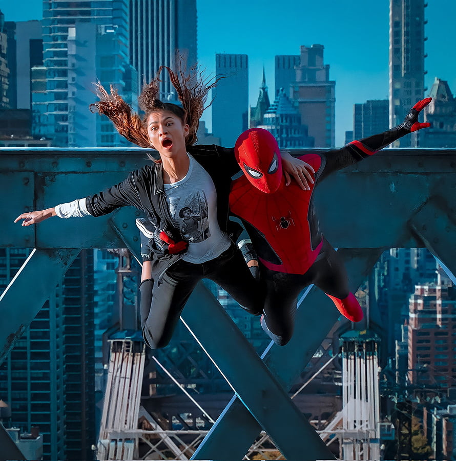Spider-Man and MJ Leaping Over a Steel Bridge in a City Skyline HD phone wallpaper