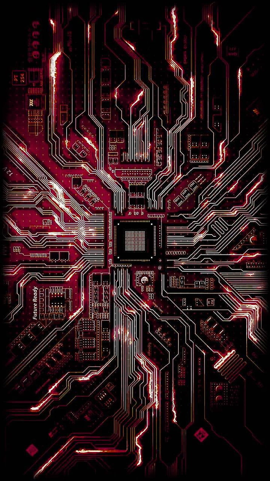 Glowing Red Circuit Board with Central Processor and Tracing Data Lines HD phone wallpaper