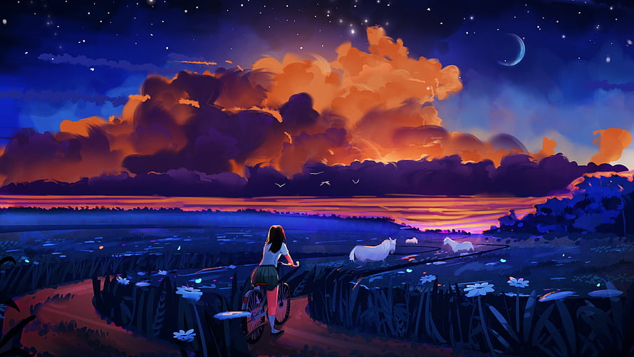 Lofi Girl Ballerina Riding a Bicycle Through a Dreamy Twilight Landscape HD wallpaper