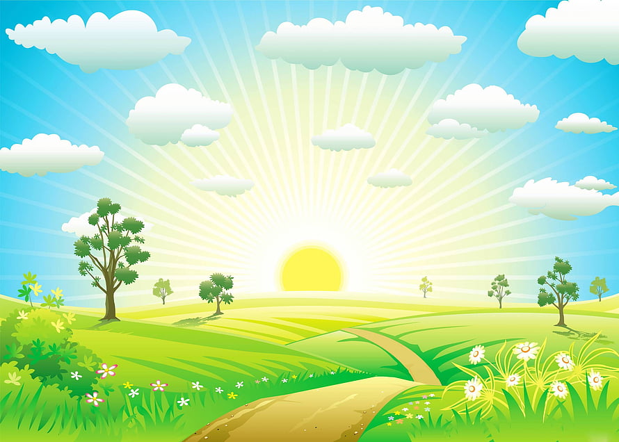 Sunny Countryside Landscape with Rolling Green Hills, Winding Path, and Scattered Wildflowers HD wallpaper