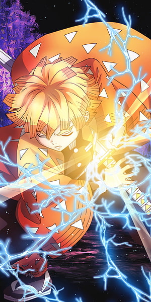 Demon Slayer Anime Character Channeling Electric Lightning in Dynamic Action Pose HD phone wallpaper