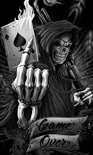 Grim Reaper Skeleton Holding Burning Ace of Spades Playing Card and Shotgun HD phone wallpaper