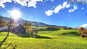 Sunlit Alpine Pasture with Rustic Barns and Rolling Green Hills HD wallpaper