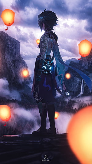 Xiao from Genshin Impact Standing on a Misty Mountain Cliff with Floating Lanterns HD phone wallpaper