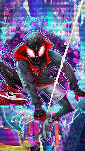 Miles Morales Spider-Man in Neon Cyberpunk Style with Glowing Web and Urban Cityscape Background, Miles Morales, Miles, Spider Man, miles morales to HD phone wallpaper