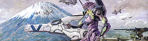 Neon Genesis Evangelion Unit-01 wielding a massive rifle in a watercolor battle scene HD wallpaper