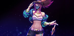 Akali from League of Legends in a neon-lit urban outfit with a dagger and star-patterned cap HD wallpaper