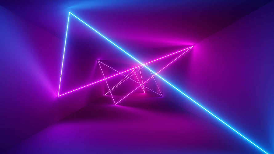 Abstract Geometric Neon Light Art with Glowing Blue and Pink Laser Lines in a Dark Room HD wallpaper