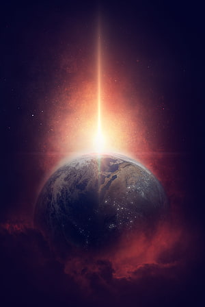 Earth Planet Rising Through Cosmic Nebula With Brilliant Solar Flare HD phone wallpaper