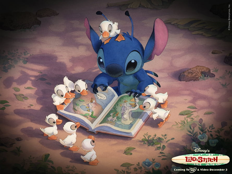 Stitch Reading a Book to a Flock of Ducklings in Lilo and Stitch HD wallpaper
