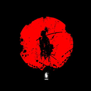 Silhouette of a Samurai Warrior Against a Blood-Red Moon with Ink Splatter Art HD phone wallpaper