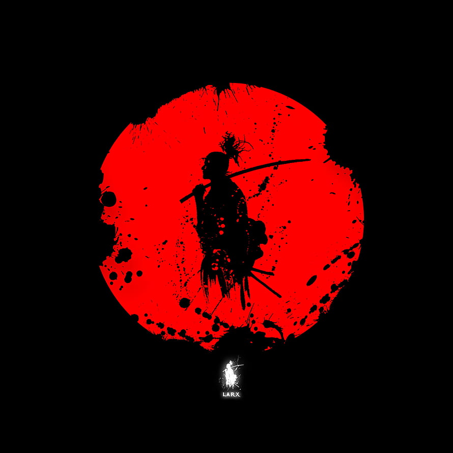 Silhouette of a Samurai Warrior Against a Blood-Red Moon with Ink Splatter Art HD phone wallpaper