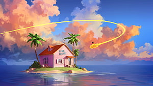 Kame House on a Tropical Island with a Flying Character and Dramatic Sunset Sky HD wallpaper