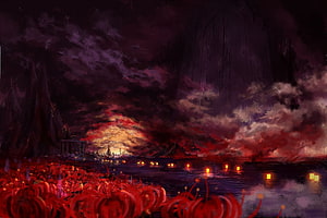 Gloomy Spider Lily Field with Floating Lanterns Under a Dark Stormy Sky HD wallpaper
