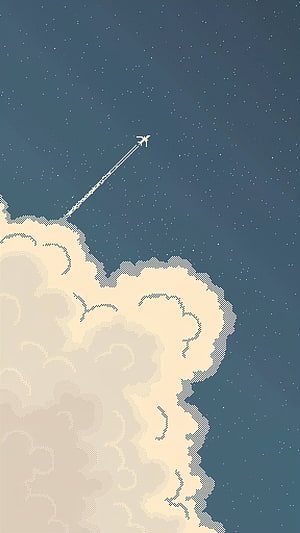 Minimalist Pixel Art Night Sky with Airplane Trail Above Clouds HD phone wallpaper