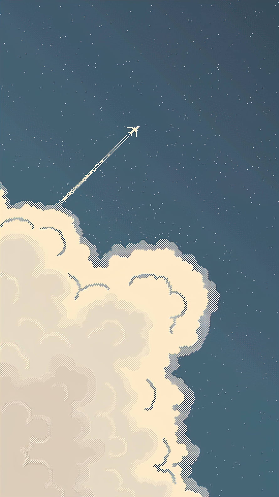 Minimalist Pixel Art Night Sky with Airplane Trail Above Clouds HD phone wallpaper