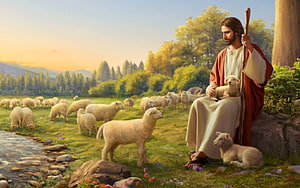 Jesus as the Good Shepherd with a flock of sheep in a peaceful pastoral landscape HD wallpaper
