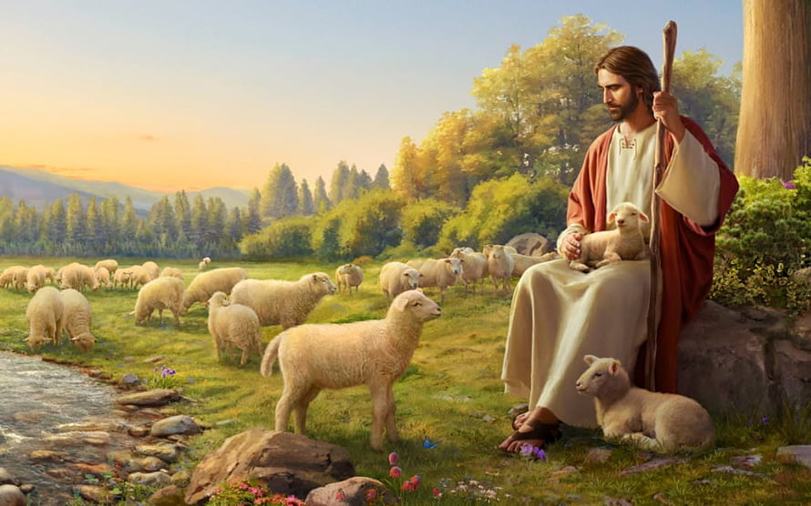 Jesus as the Good Shepherd with a flock of sheep in a peaceful pastoral landscape HD wallpaper
