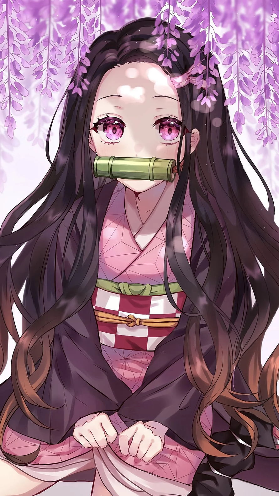Nezuko Kamado from Demon Slayer Under Wisteria Blossoms in Traditional Kimono HD phone wallpaper