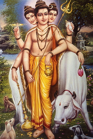 Dattatreya Tri-Murti Depiction with White Bull and Sacred Symbols HD phone wallpaper