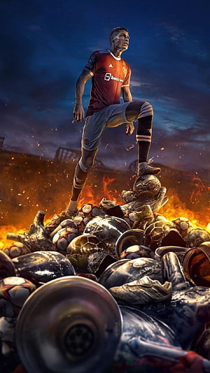 Cristiano Ronaldo in Manchester United Kit Standing on a Pile of Trophies and Fire HD phone wallpaper