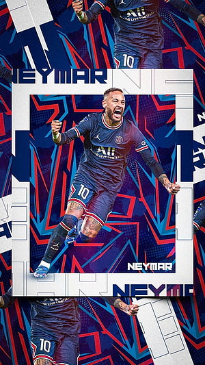 Neymar Jr Paris Saint-Germain Number 10 Jersey Action Shot with Geometric Blue and Red Background HD phone wallpaper