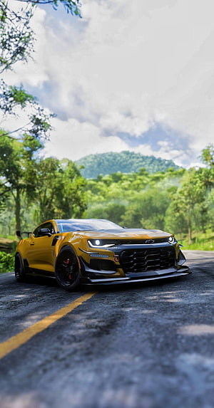 Yellow Chevrolet Camaro ZL1 on a Scenic Mountain Road in Sri Lanka HD phone wallpaper