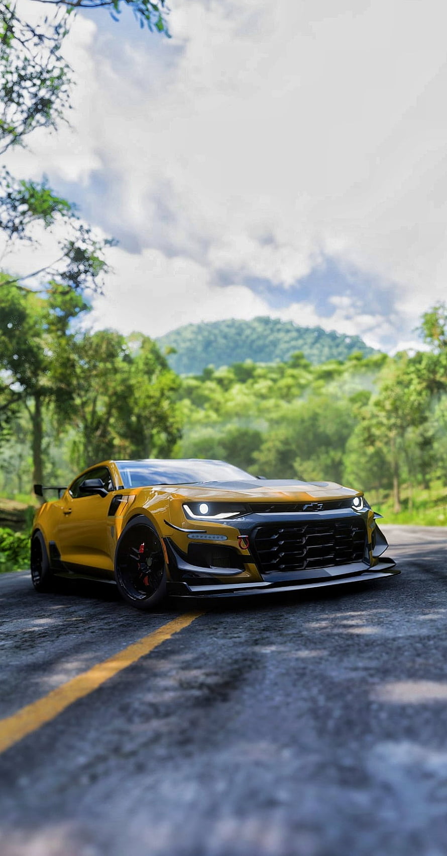 Yellow Chevrolet Camaro ZL1 on a Scenic Mountain Road in Sri Lanka HD phone wallpaper