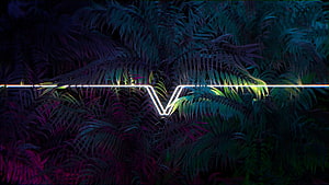 Neon V Logo Glowing Over Dark Tropical Palm Leaves in Nighttime Jungle Setting HD wallpaper