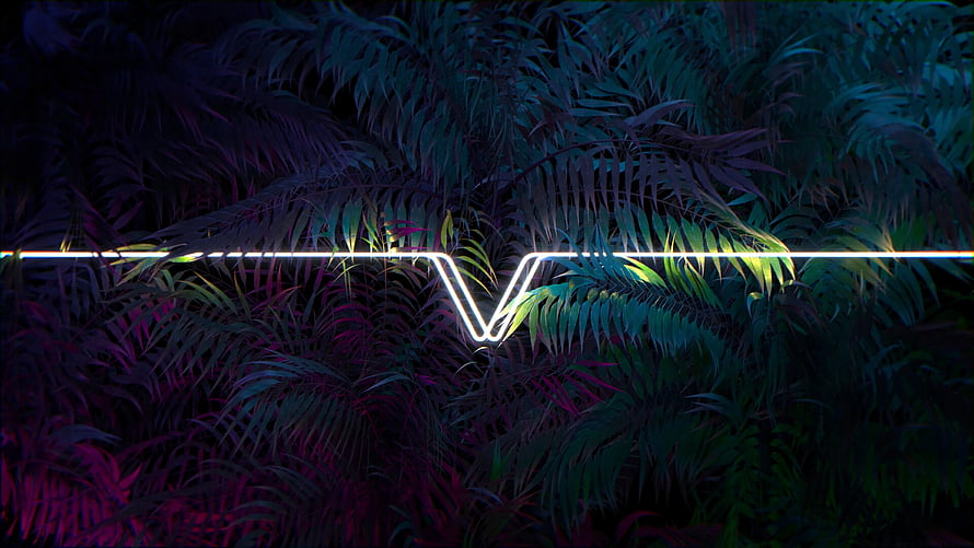 Neon V Logo Glowing Over Dark Tropical Palm Leaves in Nighttime Jungle Setting HD wallpaper