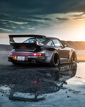 RWB Widebody Porsche 930 at Sunset with Wet Asphalt Reflection HD phone wallpaper