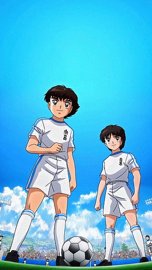 Captain Tsubasa Anime Characters Tsubasa Ozora and Taro Misaki in White Soccer Uniforms on the Pitch HD phone wallpaper
