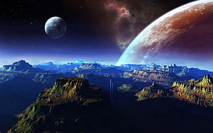 Alien Planet Landscape with Giant Gas Giant and Distant Moon in Deep Space HD wallpaper