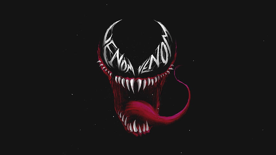 Venom Minimalist Artwork with Sharp Teeth and Long Tongue on Black Background HD wallpaper