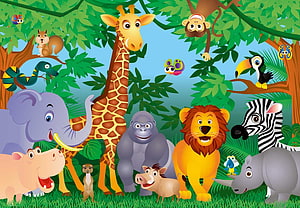 Colorful Cartoon Jungle Animals Illustration for Kids Room Decor HD wallpaper