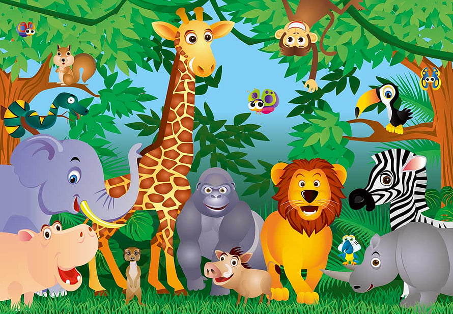 Colorful Cartoon Jungle Animals Illustration for Kids Room Decor HD wallpaper