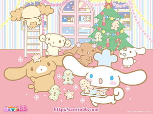 Cinnamoroll and Friends Decorating a Christmas Tree with Gingerbread Cookies HD wallpaper