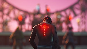 Travis Scott Fortnite Character Back View with Glowing Red Tattoo in Pink Stadium Arena HD wallpaper