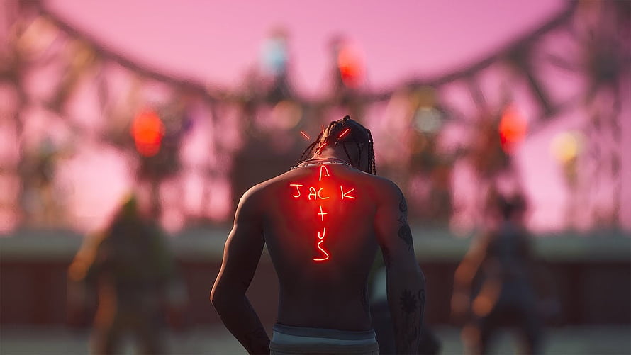 Travis Scott Fortnite Character Back View with Glowing Red Tattoo in Pink Stadium Arena HD wallpaper
