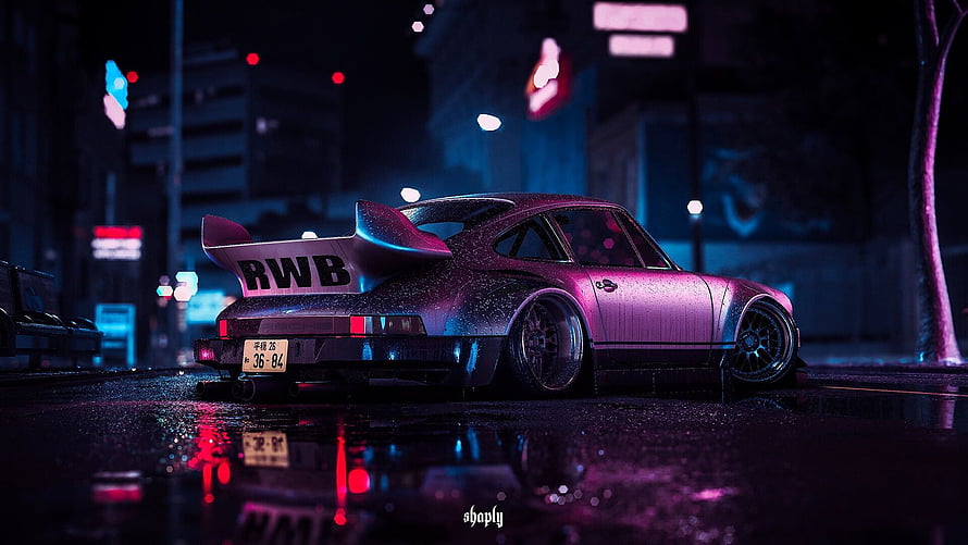 Neon-lit Porsche 911 with RWB widebody kit parked on a rain-slicked cyberpunk street at night HD wallpaper