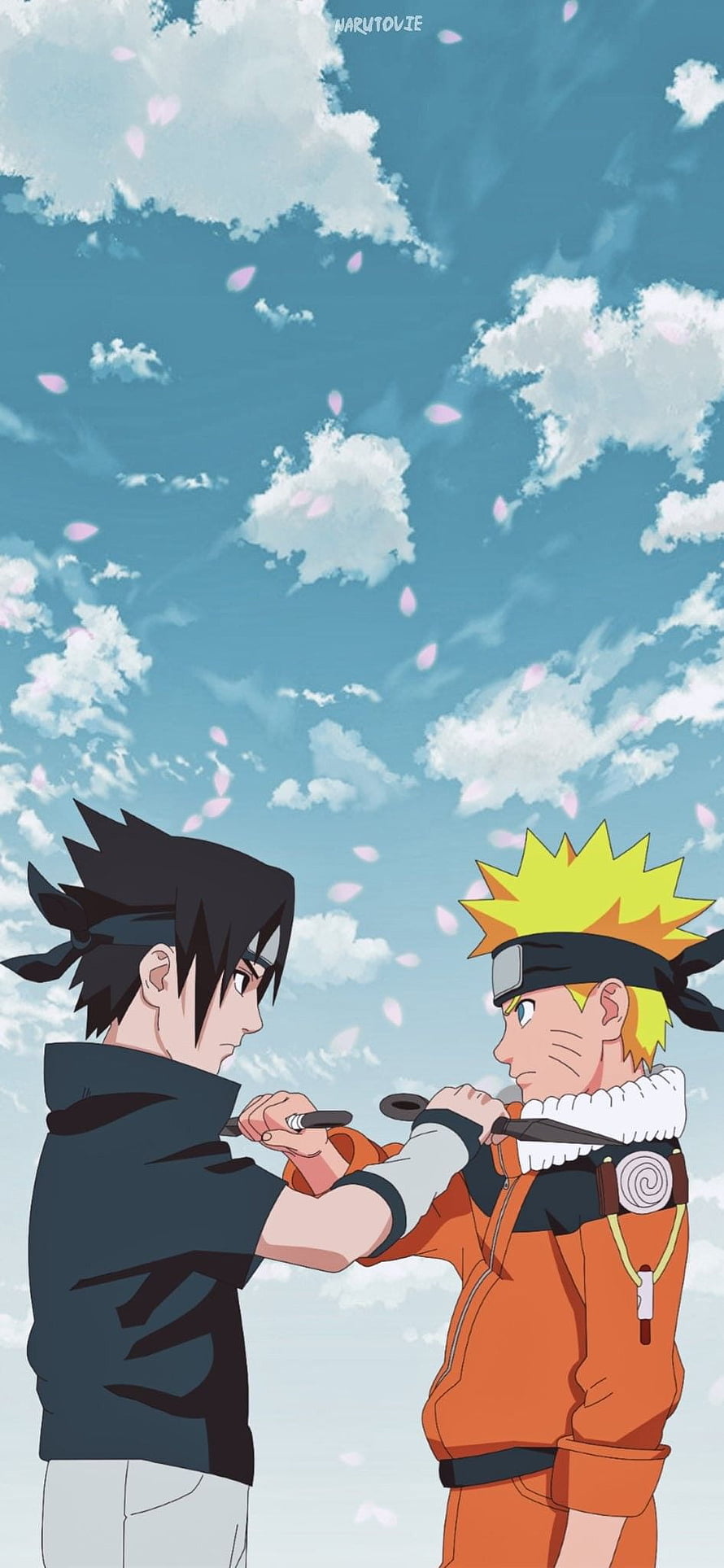 Naruto and Sasuke Sharing a Moment Under a Sky of Falling Cherry Blossoms HD phone wallpaper
