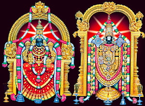Lord Venkateswara and Balaji Temple Deities in Ornate Golden Frames with Flower Garlands HD wallpaper