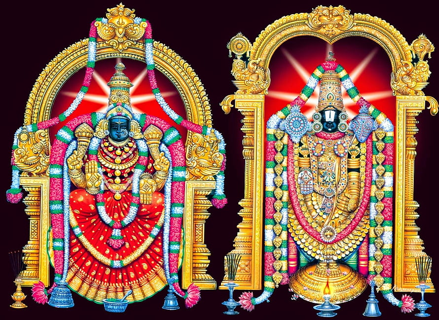 Lord Venkateswara and Balaji Temple Deities in Ornate Golden Frames with Flower Garlands HD wallpaper