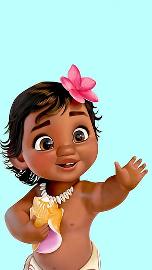 Cute Baby Moana 3D Character with Plumeria Flower and Seashell Necklace HD phone wallpaper