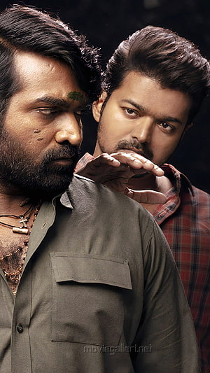 Vijay Sethupathi and Vijay Thalapathy in Dramatic Cinematic Portrait HD phone wallpaper