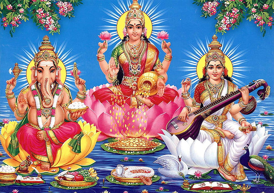 Lakshmi Ganesh Saraswati Hindu Deity Painting on Lotus Flowers HD wallpaper