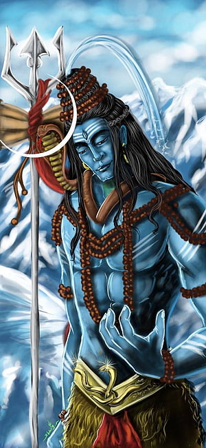Lord Shiva Digital Art with Trishul, Rudraksha Beads, and Snowy Himalayan Mountains HD phone wallpaper