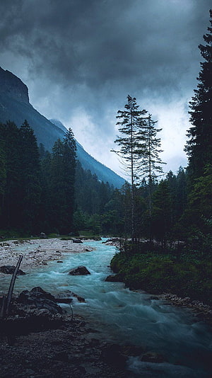 Moody Mountain River Scene with Turquoise Water and Dark Pine Forest Under Stormy Skies HD phone wallpaper