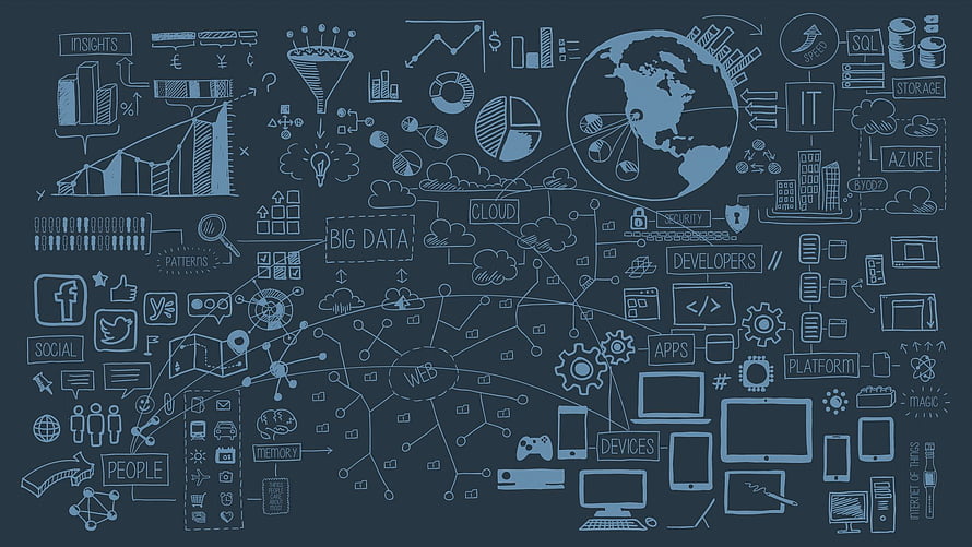 Hand-drawn data science and big data concept illustration with cloud computing and web network icons HD wallpaper