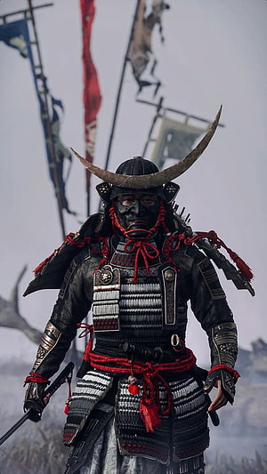 Ghost of Tsushima Samurai Warrior in Black Armor with Horned Helmet and Red Lacing HD phone wallpaper
